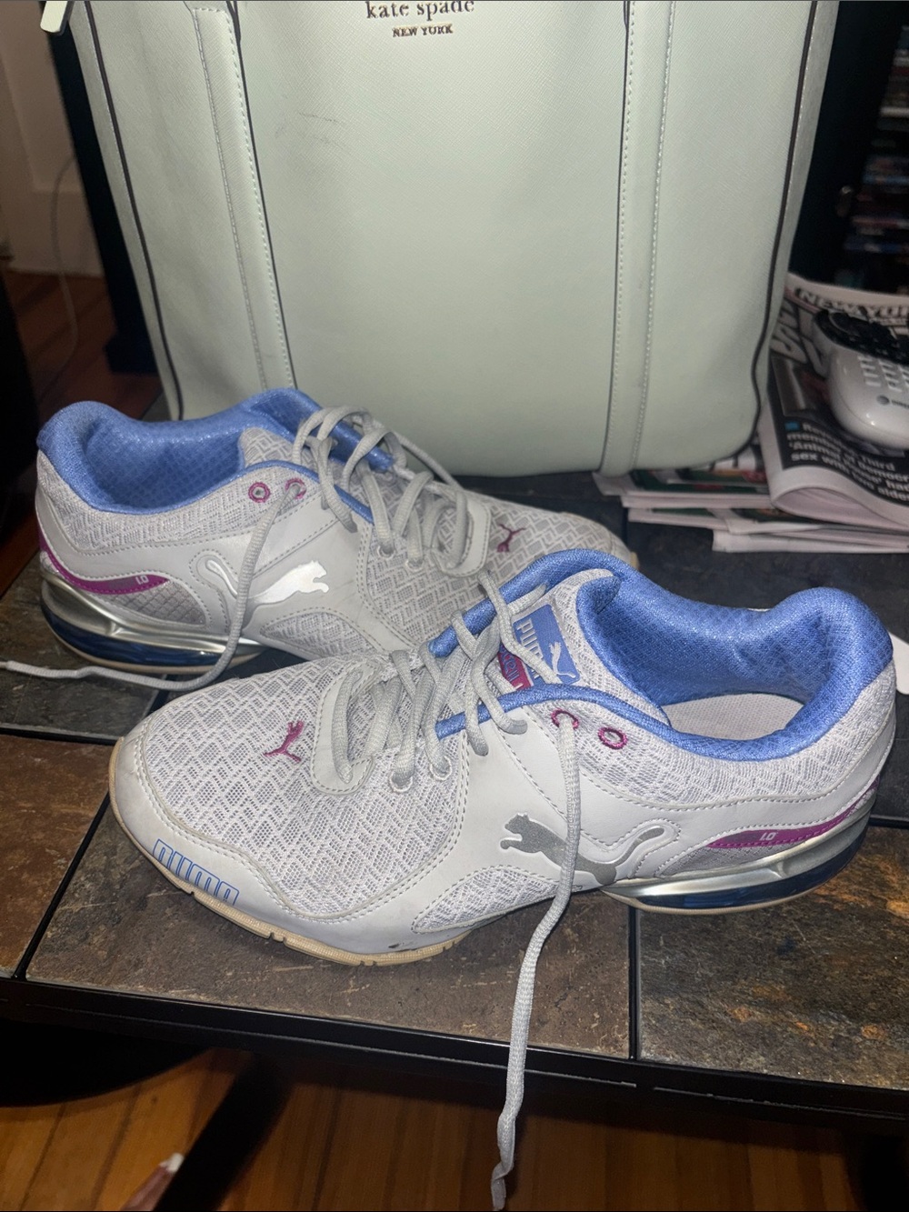 Puma Women's White Athletic Sneakers with Blue Liner and Pink Accents - Picture 5 of 8